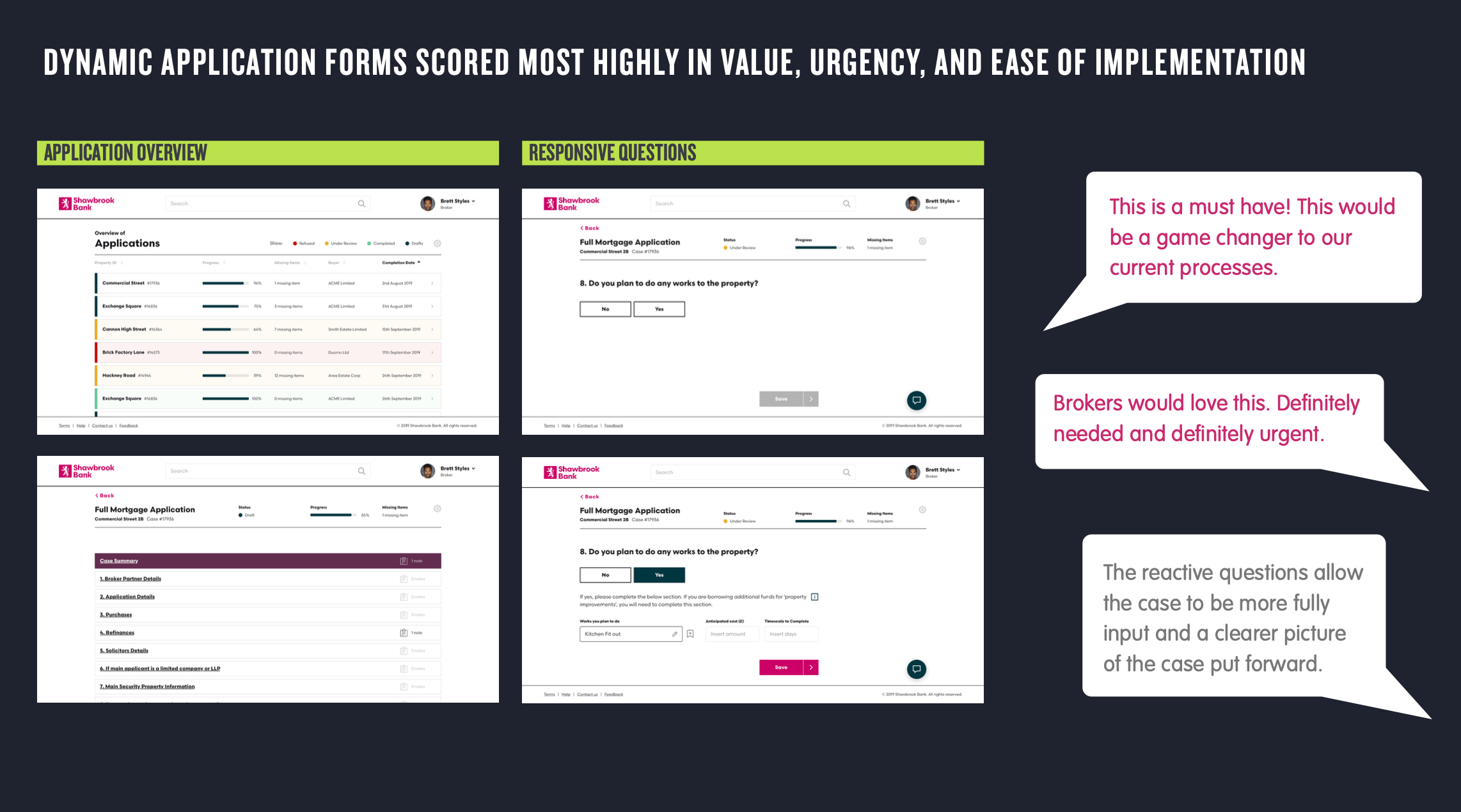 Shawbrook mortgage application prototype screens annotated with broker feedback on feature priority